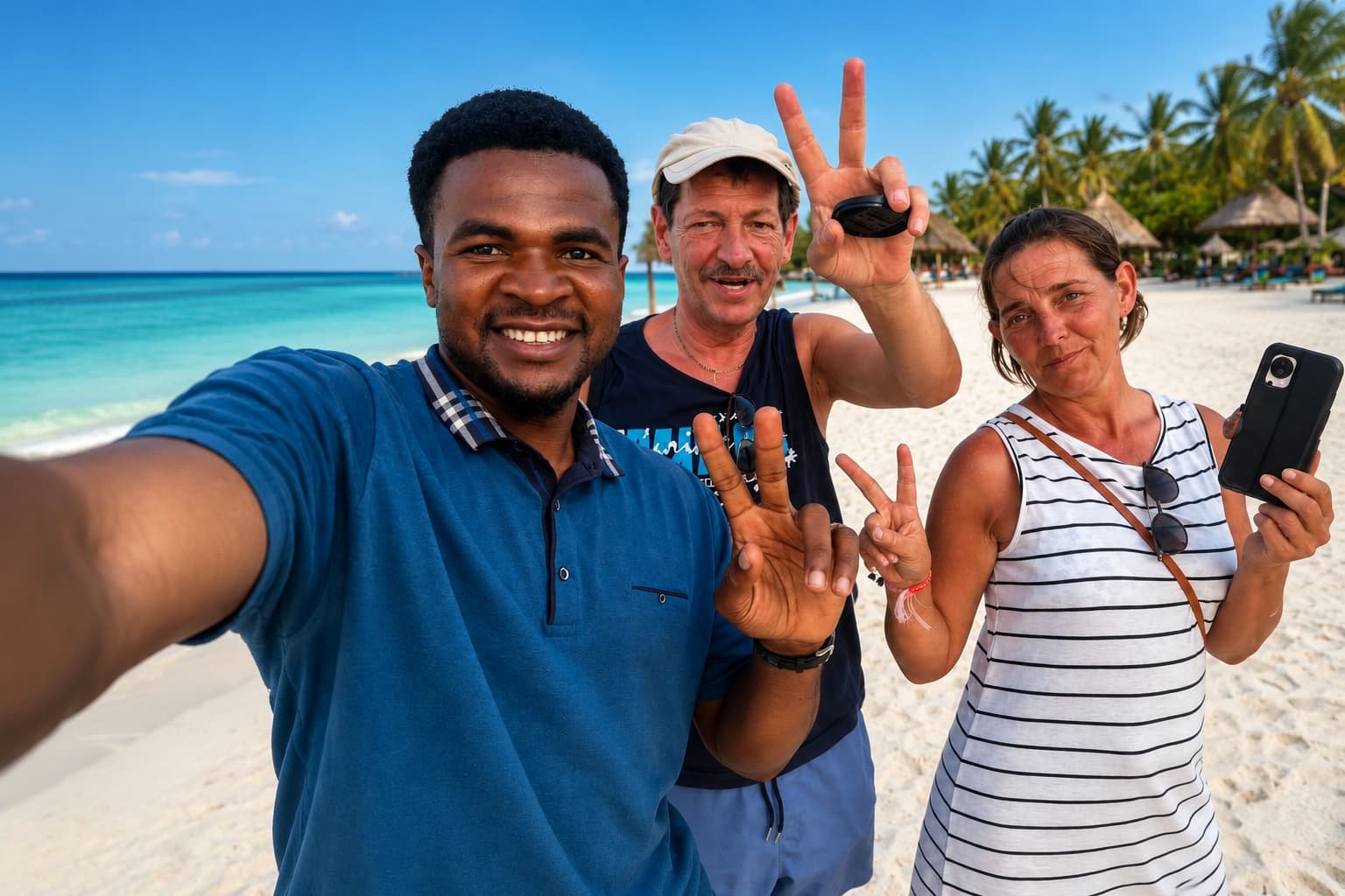 Harry mit Gästen am Strand von Sansibar